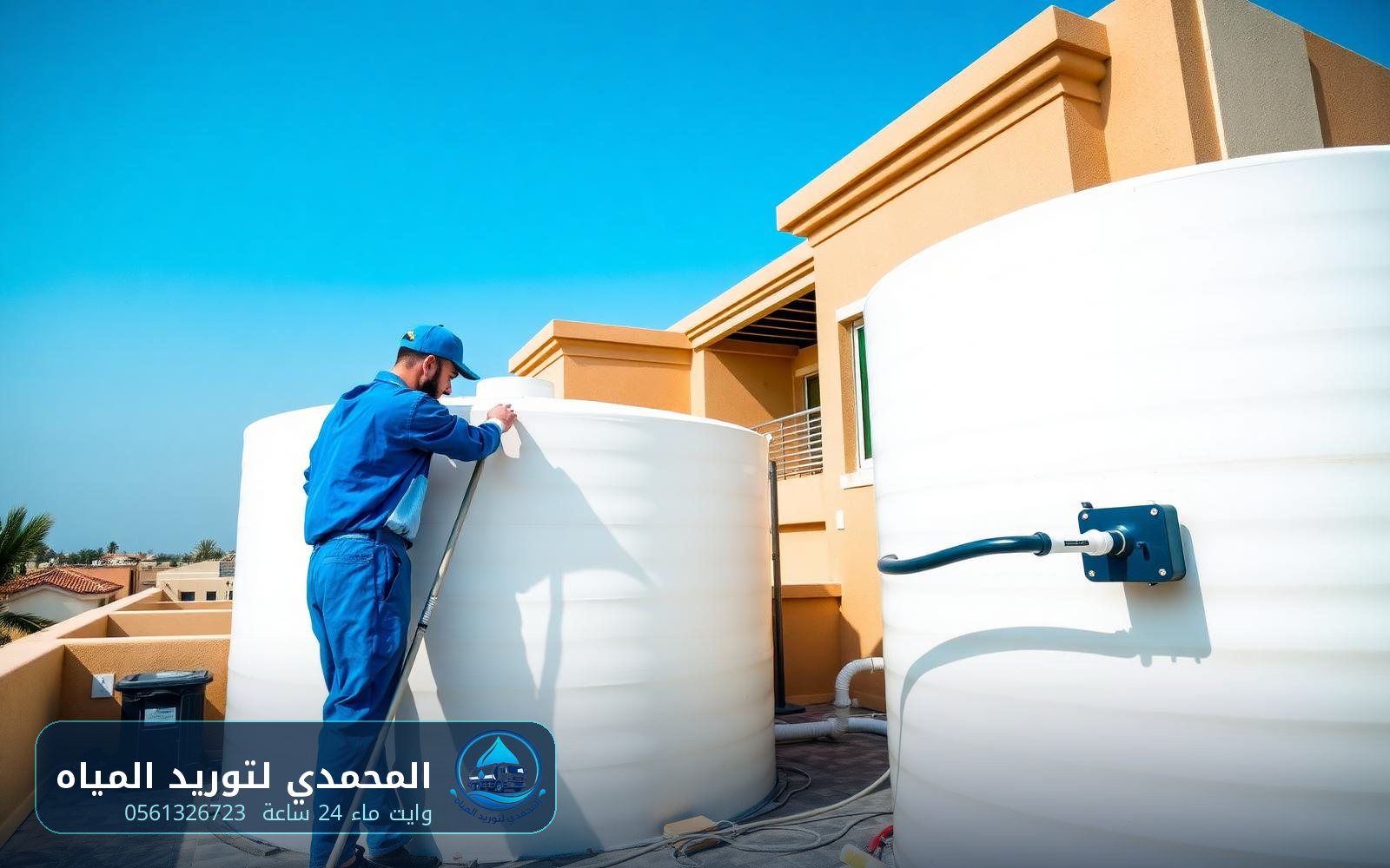 وايت ماء بالقطيف — فني يقوم بغسيل وتعقيم خزان المياه قبل التعبئة